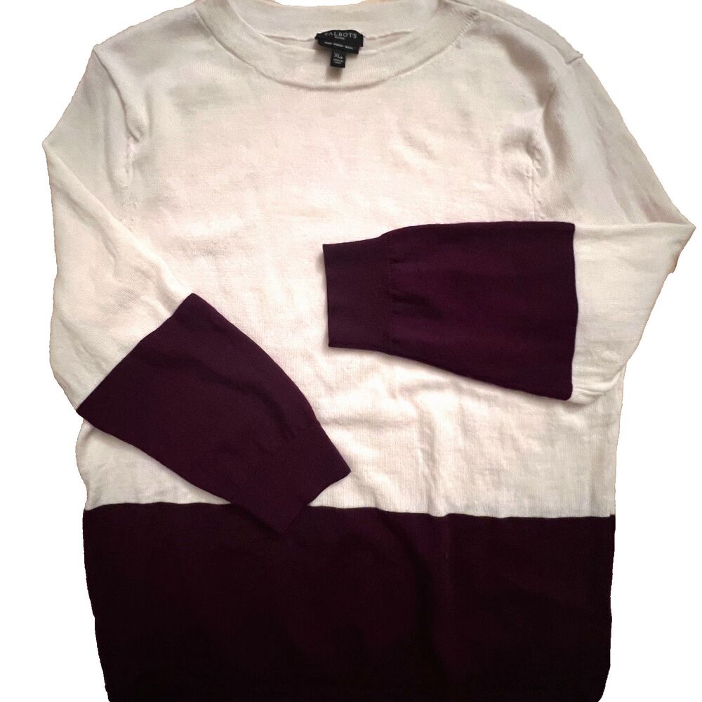 Talbots Sweater XL petite Fine Merino Wool Burgundy Ivory Color block